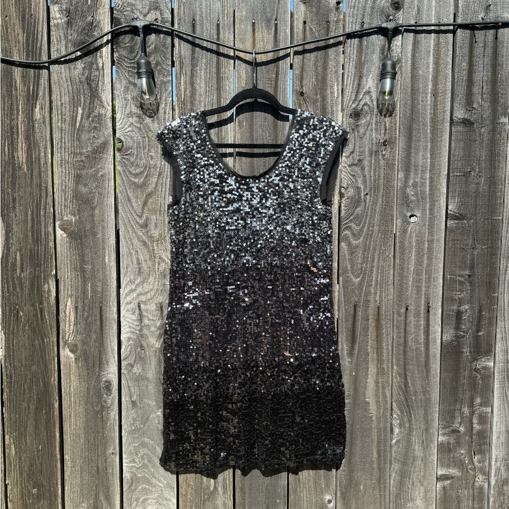 White House Black Market Short Sleeve Midi length black and silver Sequin Dress